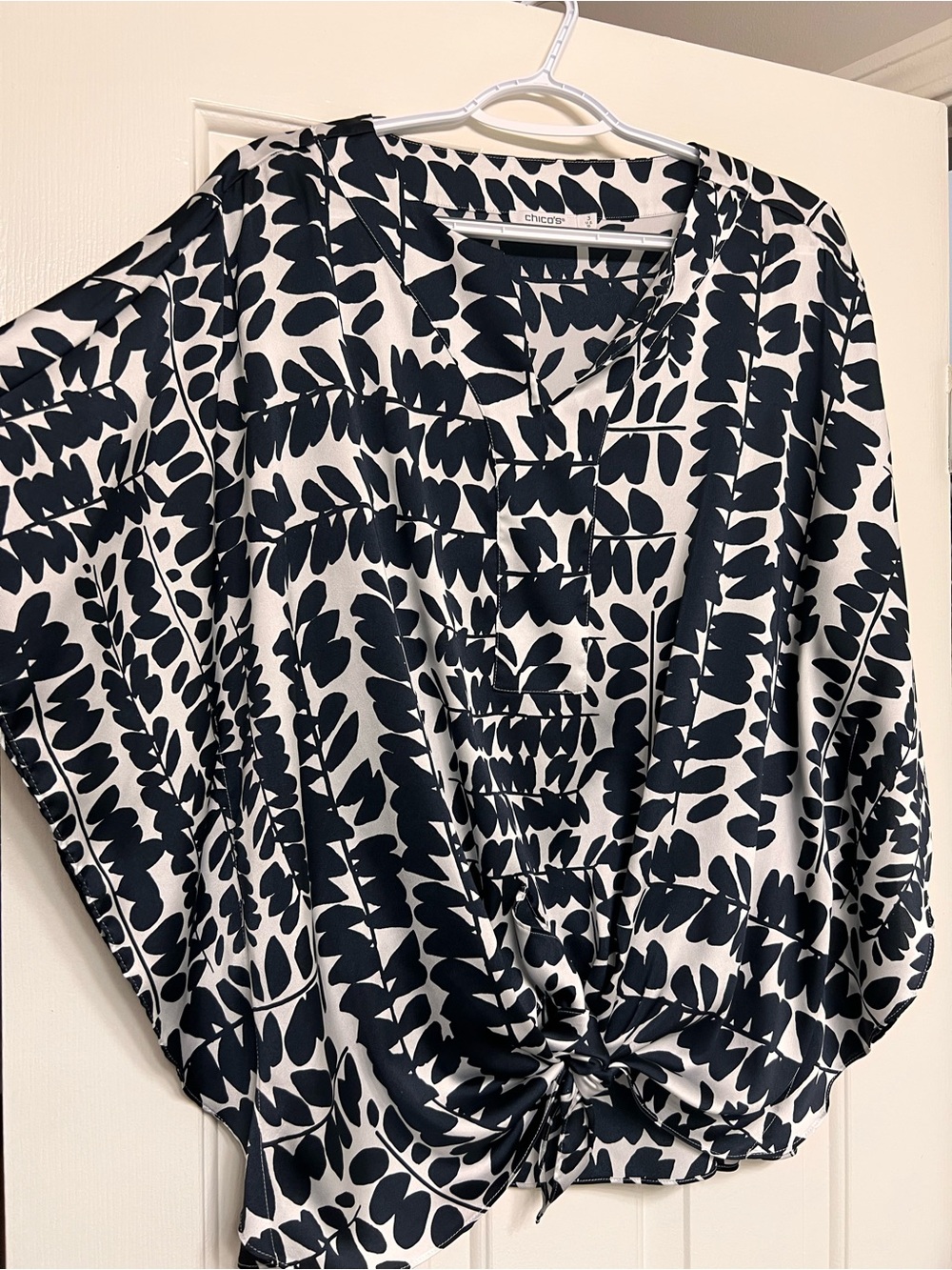 Chico's Navy and White Leaf-Print Tie-Front Top